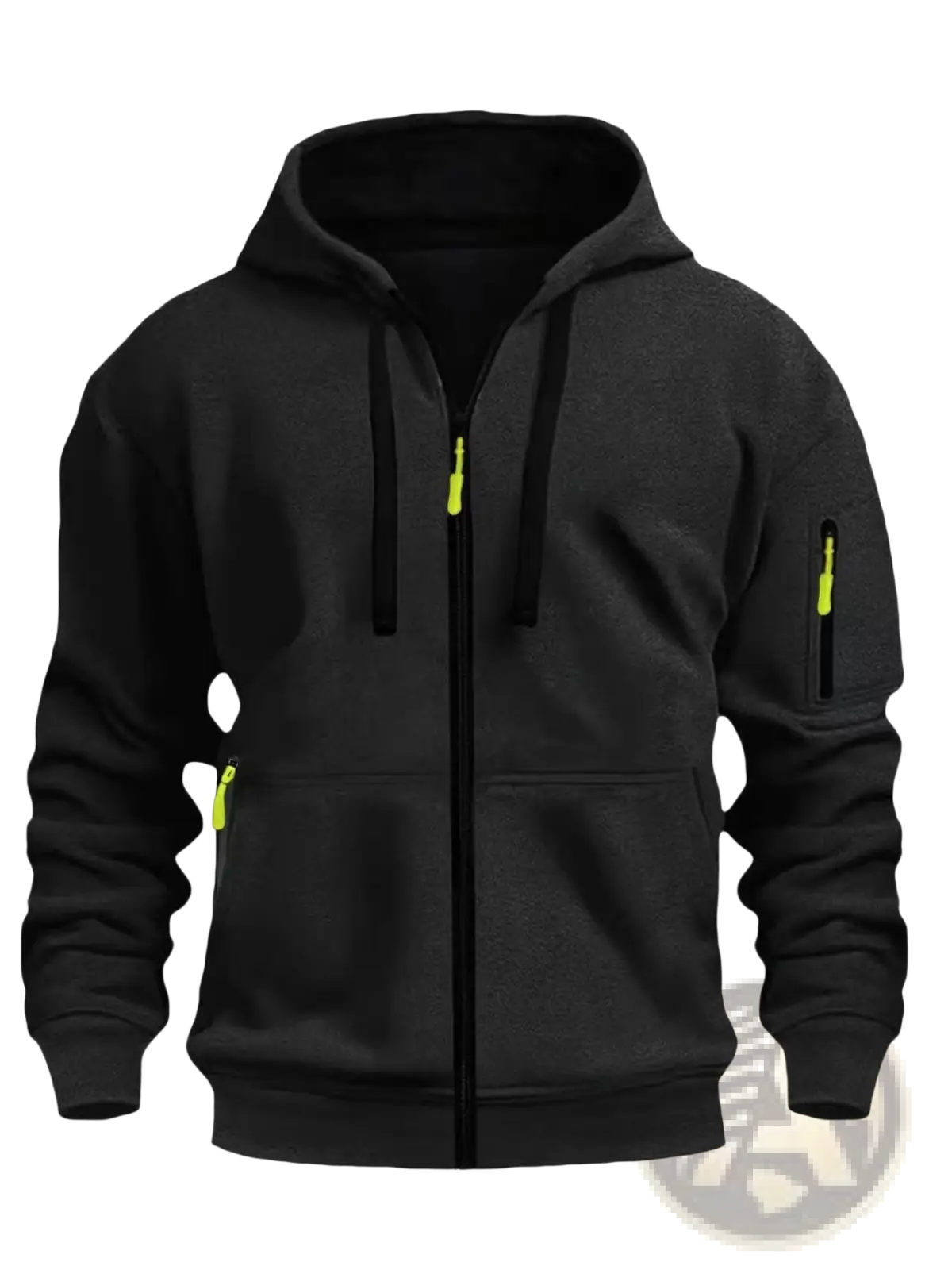 Men’s sport casual fleece lined zipper hoodie jacket in black with neon yellow zipper pulls and side pockets