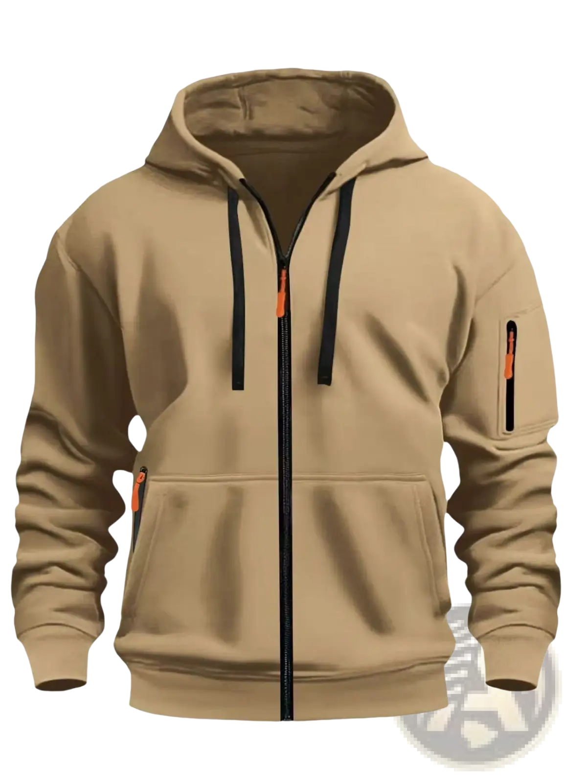 Beige men’s sport casual fleece lined zip-up hoodie jacket with black zipper and orange pull tabs
