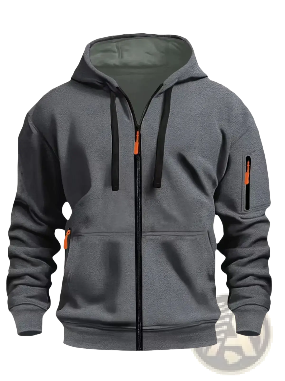 Men’s sport casual fleece lined gray zip-up hoodie jacket with orange zipper pulls, black drawstrings, and multiple pockets