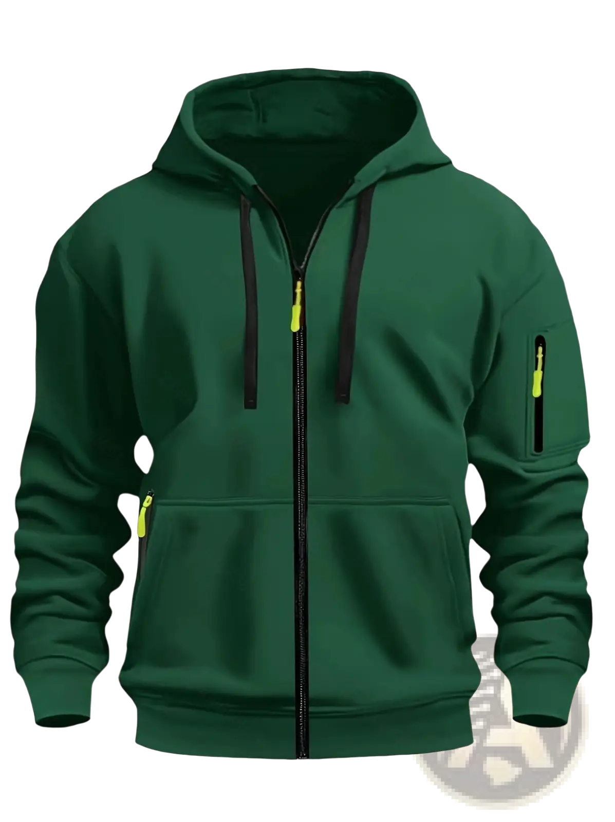 Men’s sport casual fleece lined zipper hoodie jacket in dark green with black drawstrings and bright yellow zipper pulls