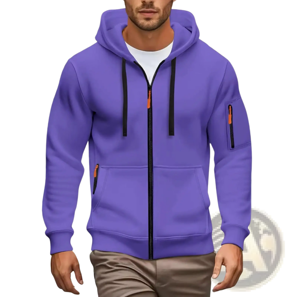 Men’s sport casual fleece lined zipper hoodie jacket in purple with black drawstrings and orange zipper pulls