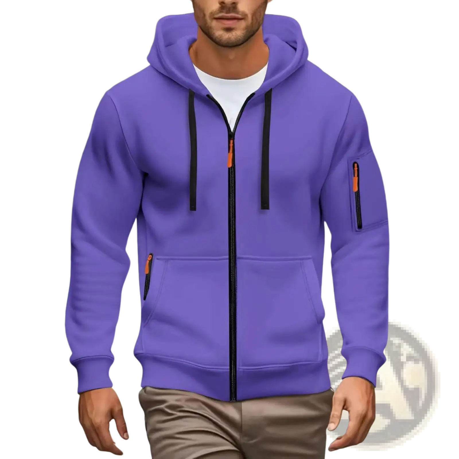 Men’s sport casual fleece lined zipper hoodie jacket in purple with black drawstrings and orange zipper pulls