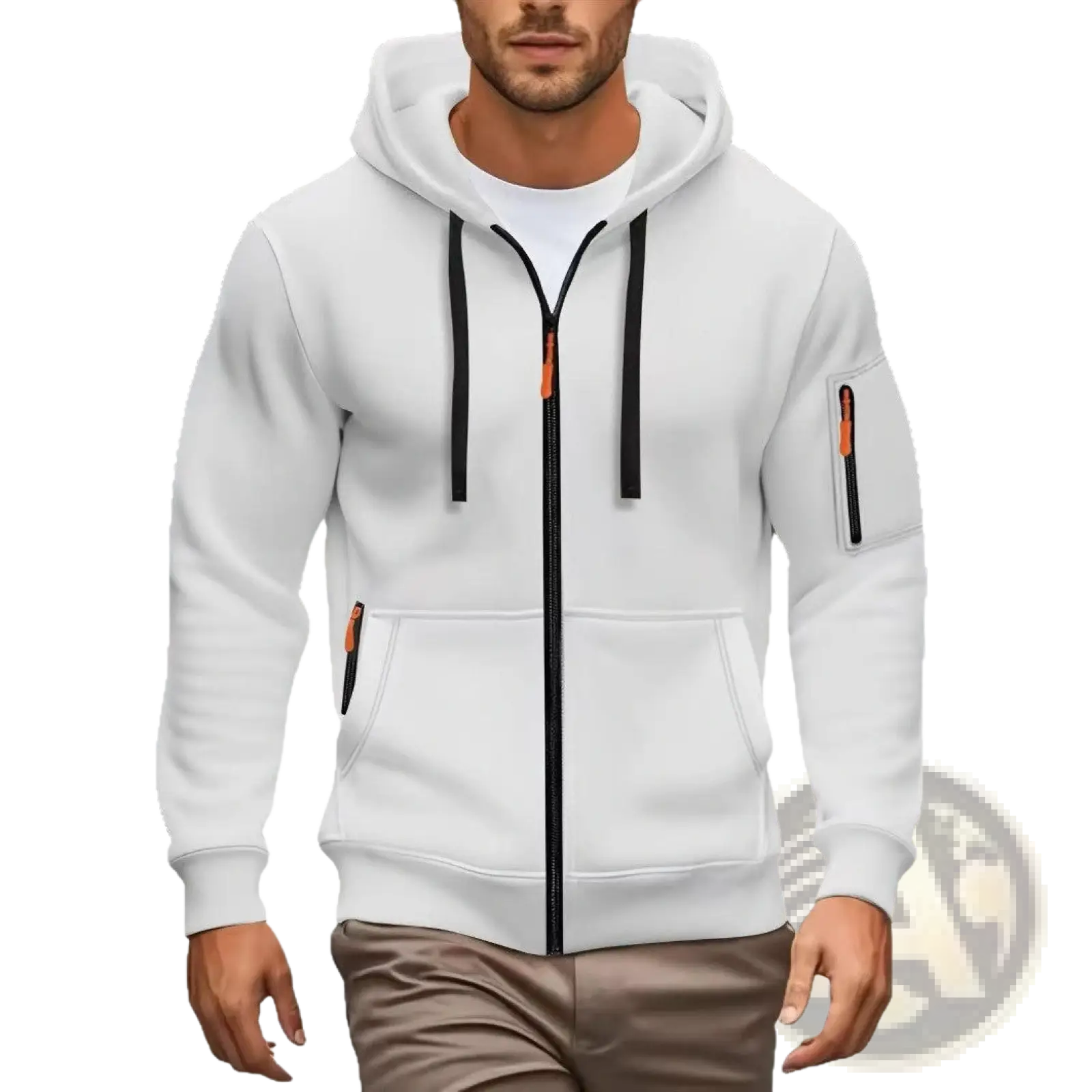 Men’s sport casual white fleece lined zip-up hoodie jacket with black drawstrings zipper pulls and multiple pockets