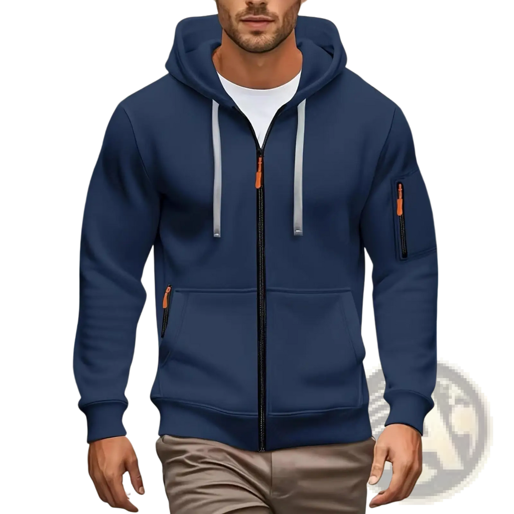 Men’s sport casual navy blue fleece lined zip-up hoodie jacket with gray drawstrings and orange zipper pulls