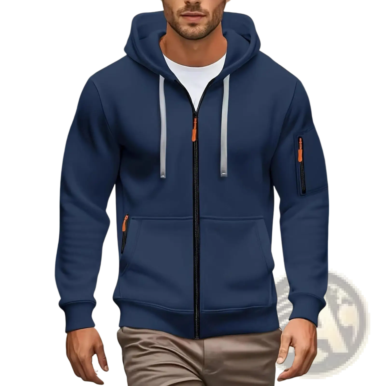 Men’s sport casual navy blue fleece lined zip-up hoodie jacket with gray drawstrings and orange zipper pulls