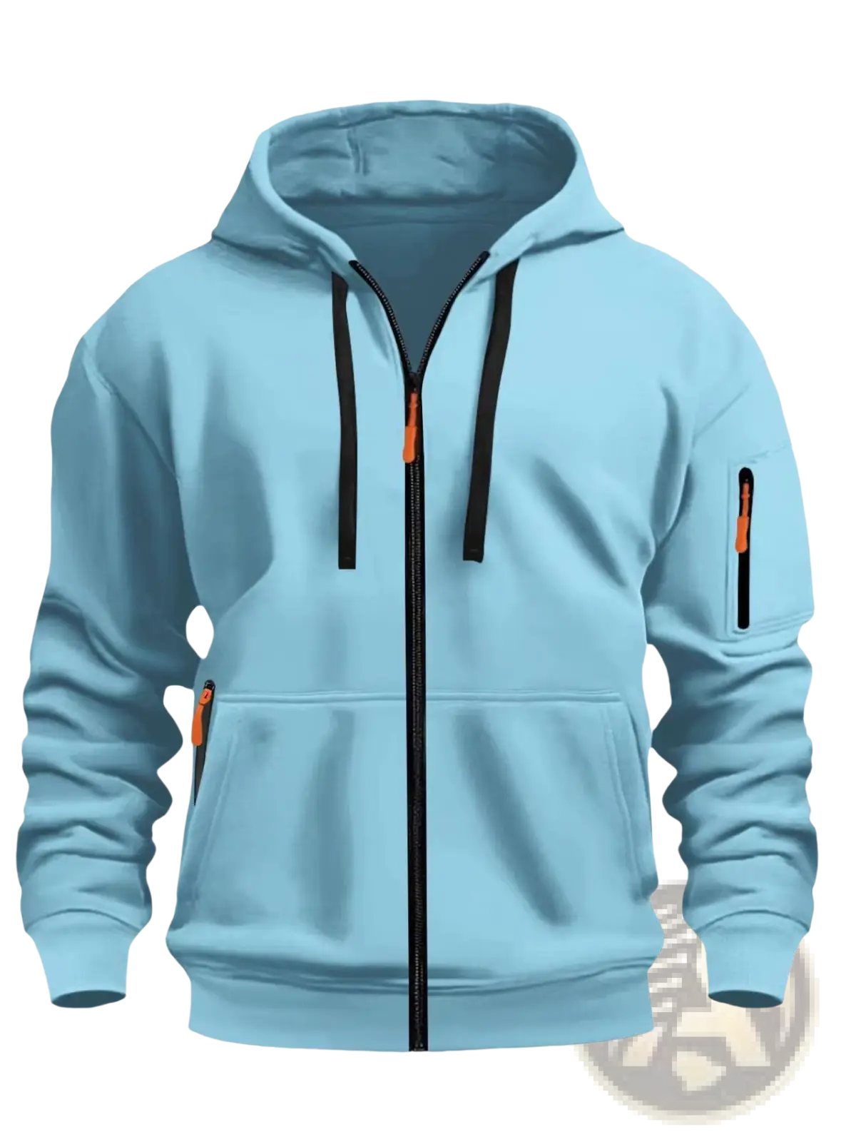 Men’s sport casual fleece lined zip-up hoodie jacket in light blue with black zipper and orange-accented drawstrings