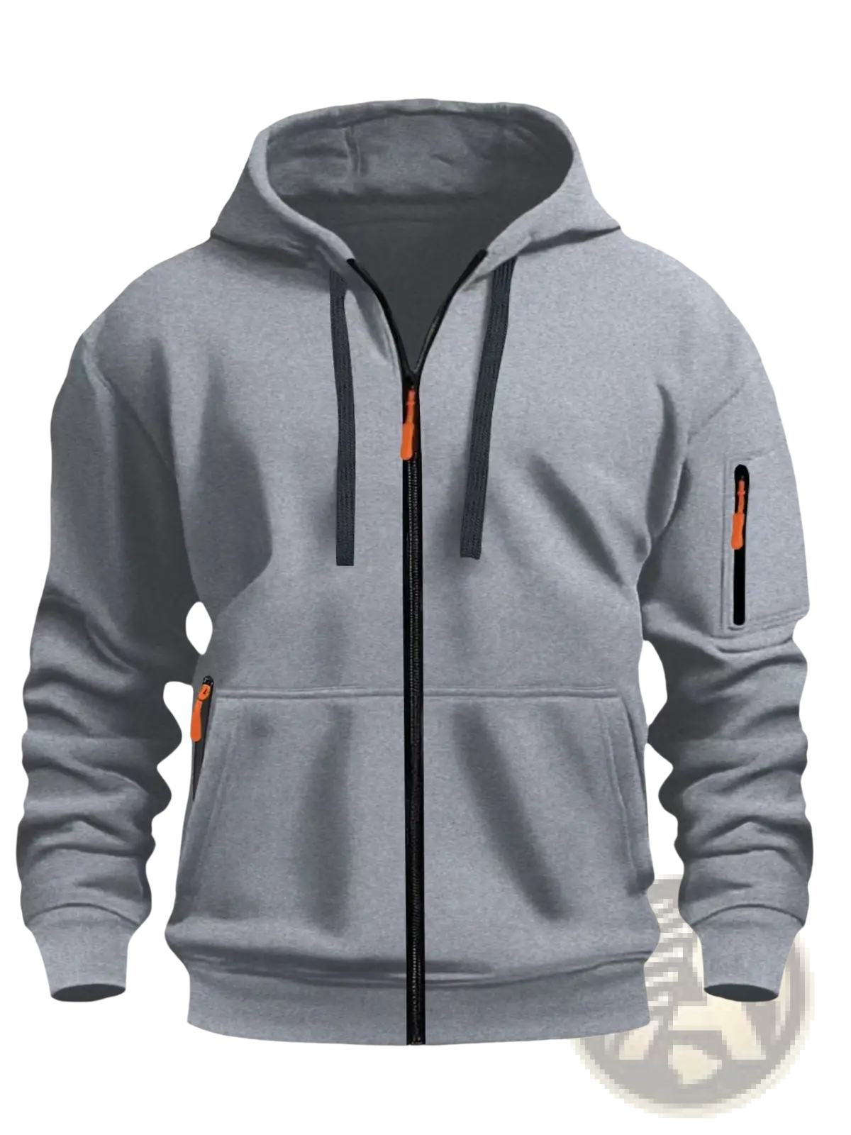 Men’s sport casual fleece lined zipper hoodie jacket in gray with black zipper pulls and orange accent drawstrings pockets