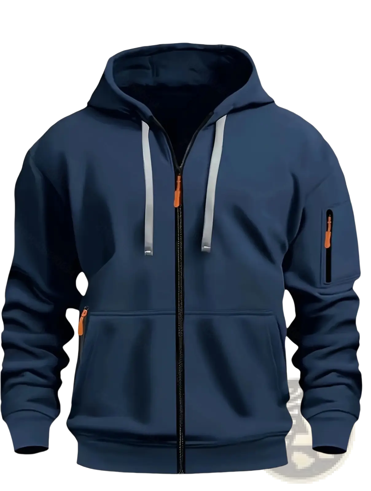 Men’s navy blue sport casual zip-up hoodie jacket with fleece lining gray drawstrings and orange zipper pulls