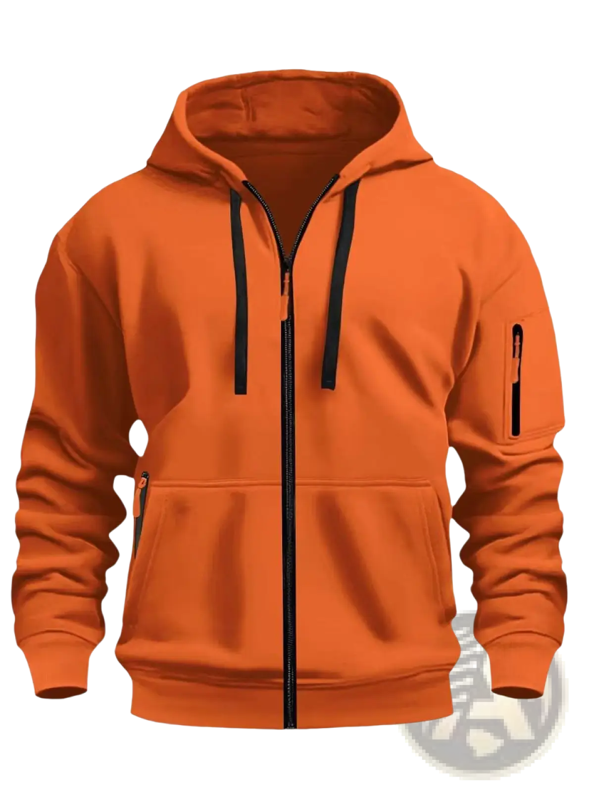 Men’s sport casual fleece lined zipper hoodie jacket in orange with black drawstrings and zipper accents