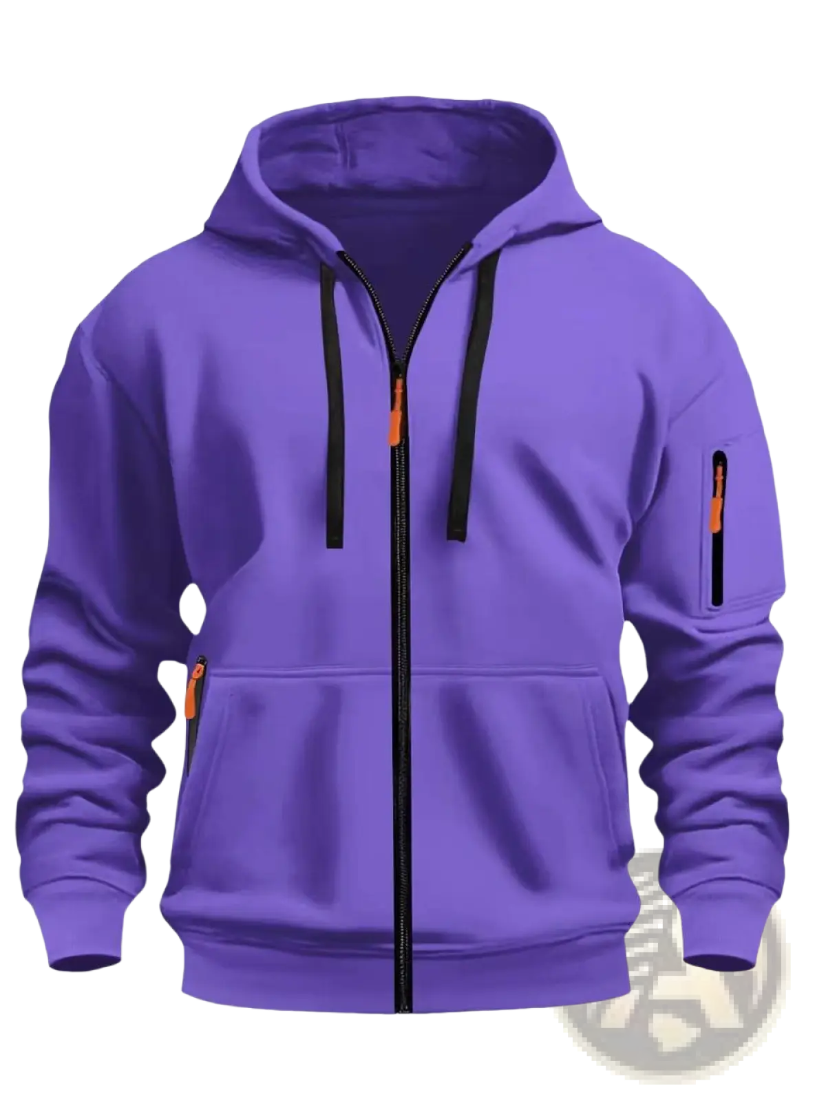 Men’s sport casual fleece lined zipper hoodie jacket in purple with black drawstrings and orange zipper pulls