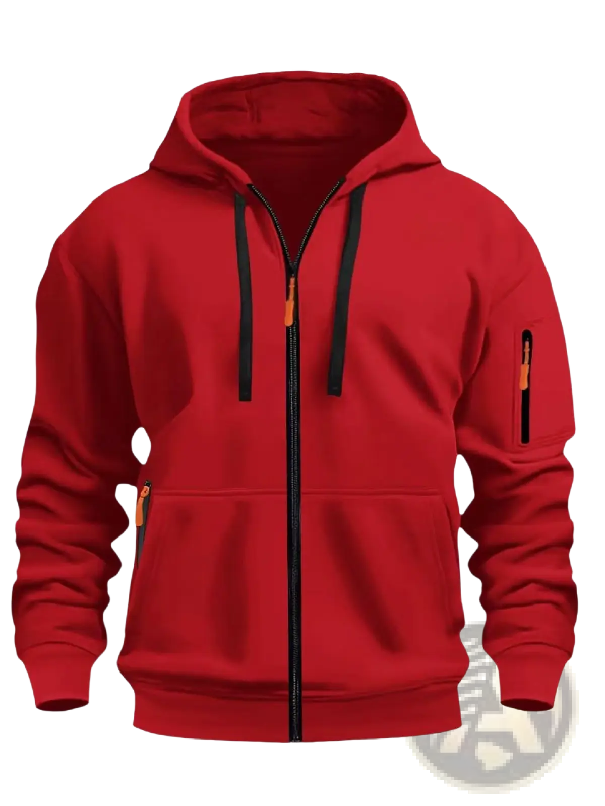 Men’s sport casual fleece lined red zip-up hoodie jacket with black drawstrings, front and sleeve pockets