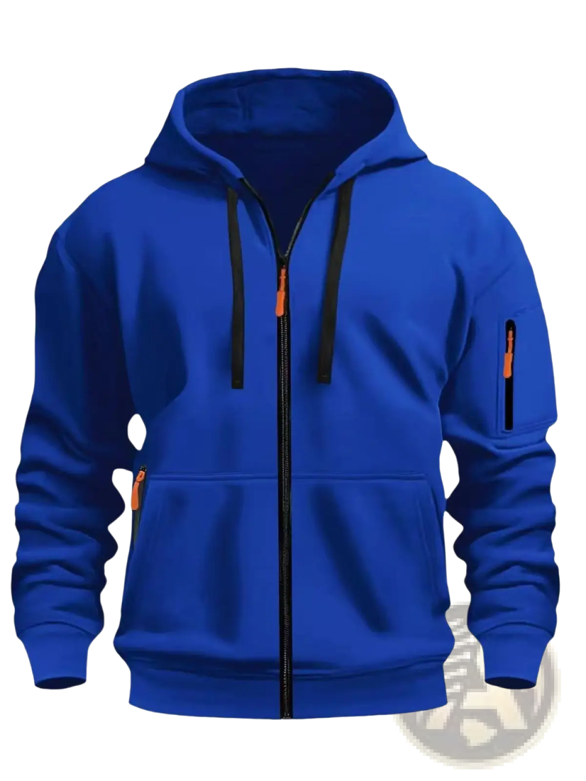 Men’s sport casual fleece lined royal blue zip-up hoodie jacket with black zipper pulls and orange drawstring accents