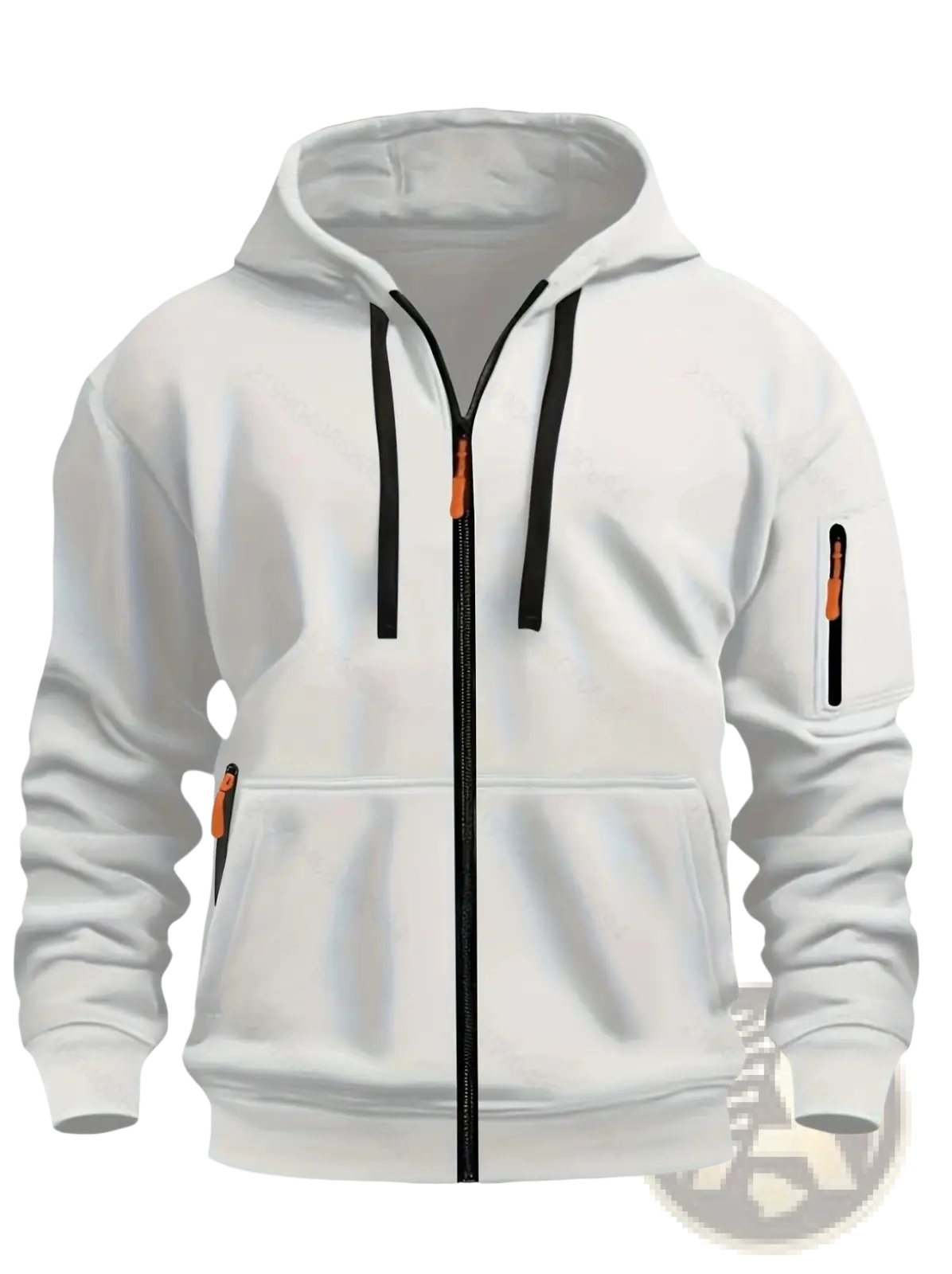 Men’s sport casual fleece lined white zip-up hoodie jacket with black drawstrings and orange zipper pulls