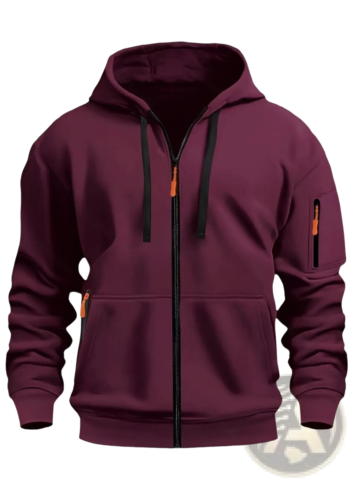 Men’s sport casual fleece lined zip-up hoodie jacket in maroon with black drawstrings and orange zipper pulls