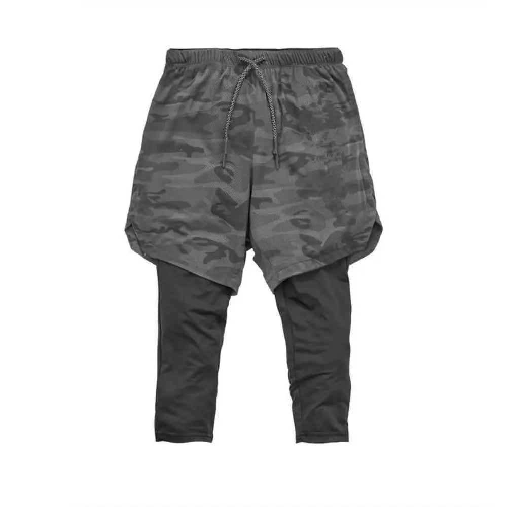 Men’s gray camouflage quick dry two-in-one jogger pants with drawstring waist and layered design for training