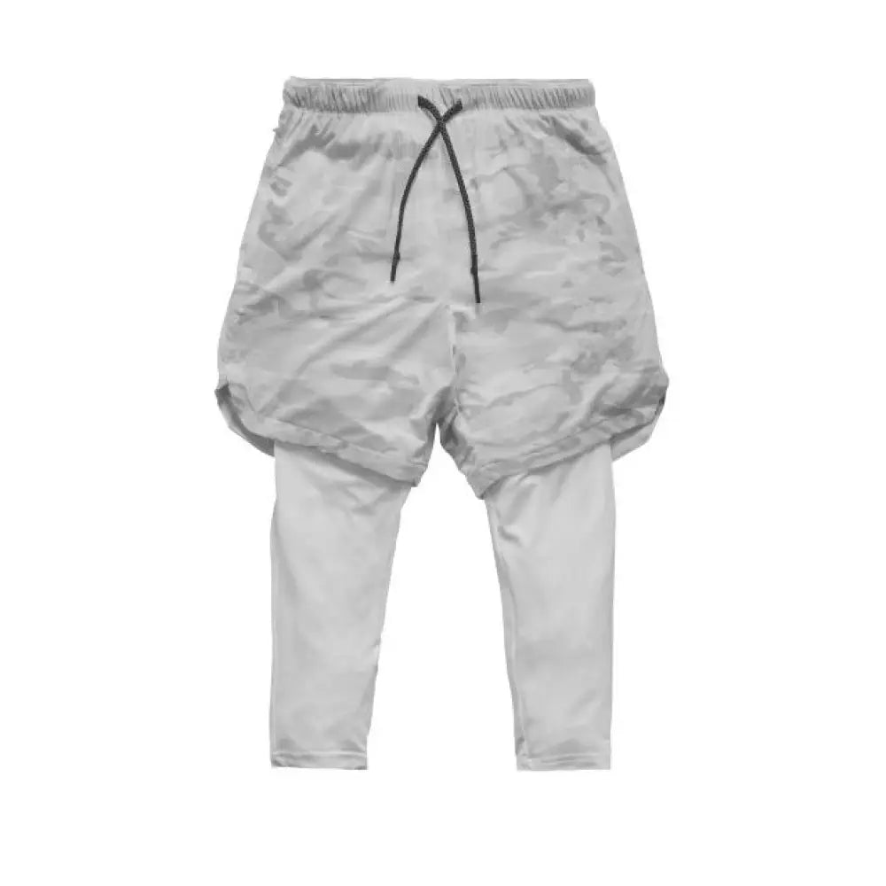 Men’s gray camouflage quick dry 2-in-1 training shorts with drawstring waist and layered athletic design