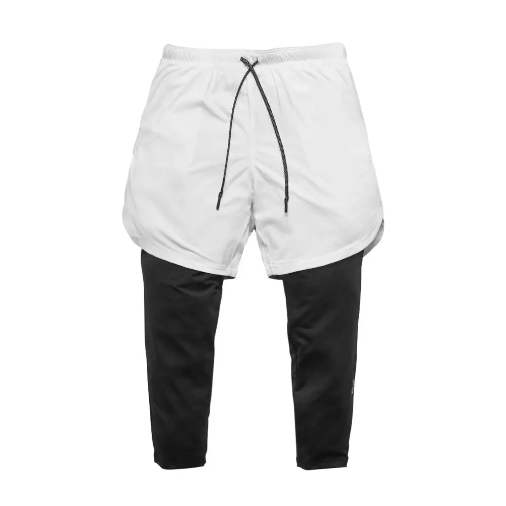 Men’s white and black two-in-one camouflage quick dry training shorts with drawstring waistband for athletic use