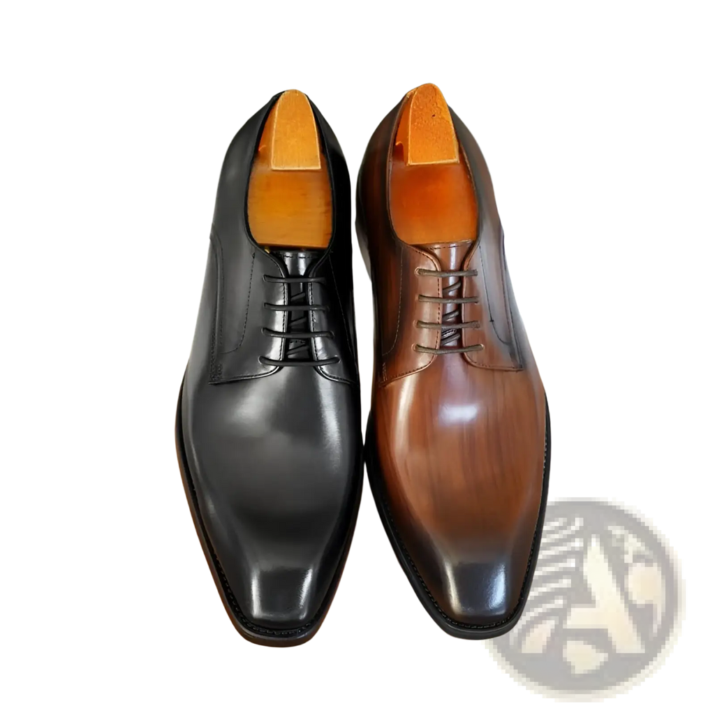 Men’s square toe distressed leather Oxford shoes in polished black and rich brown with a subtle gradient finish