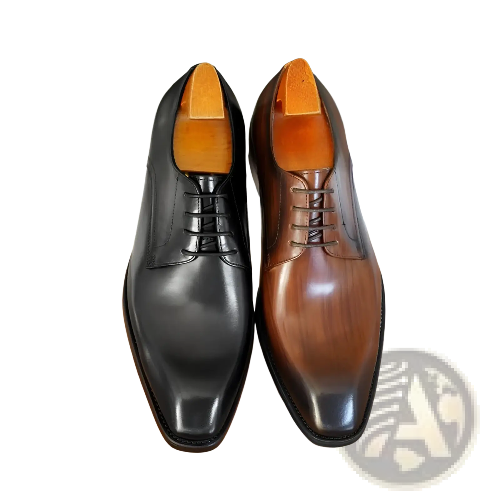 Men’s square toe distressed leather Oxford shoes in polished black and rich brown with a subtle gradient finish