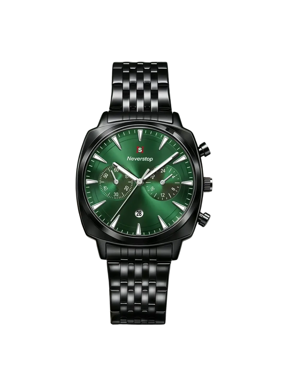 Men’s stainless steel chronograph watch with black stainless steel case, vibrant green dial, and silver-toned hands