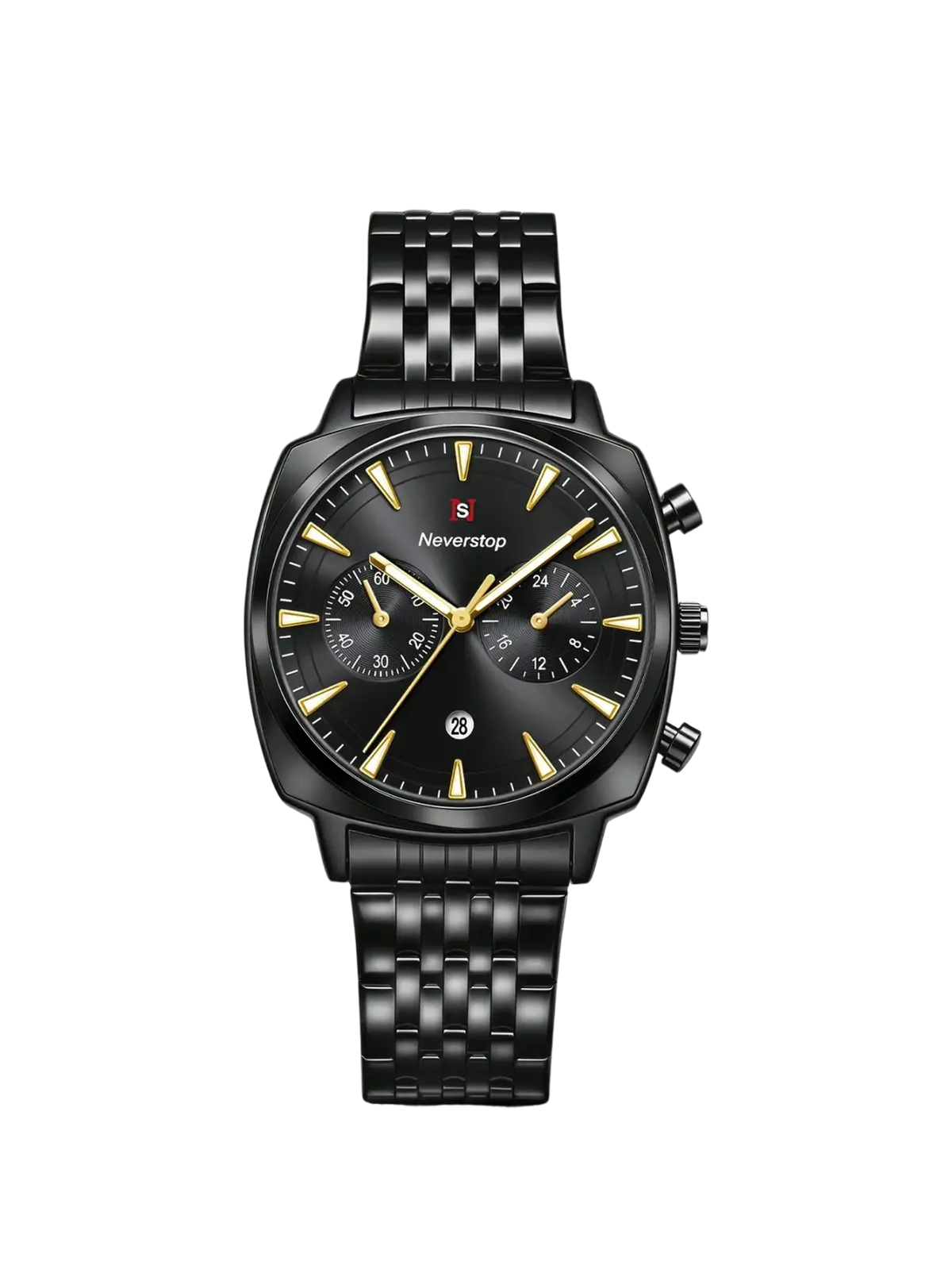 Men’s stainless steel chronograph watch with black stainless steel square case and gold-tone hands and markers