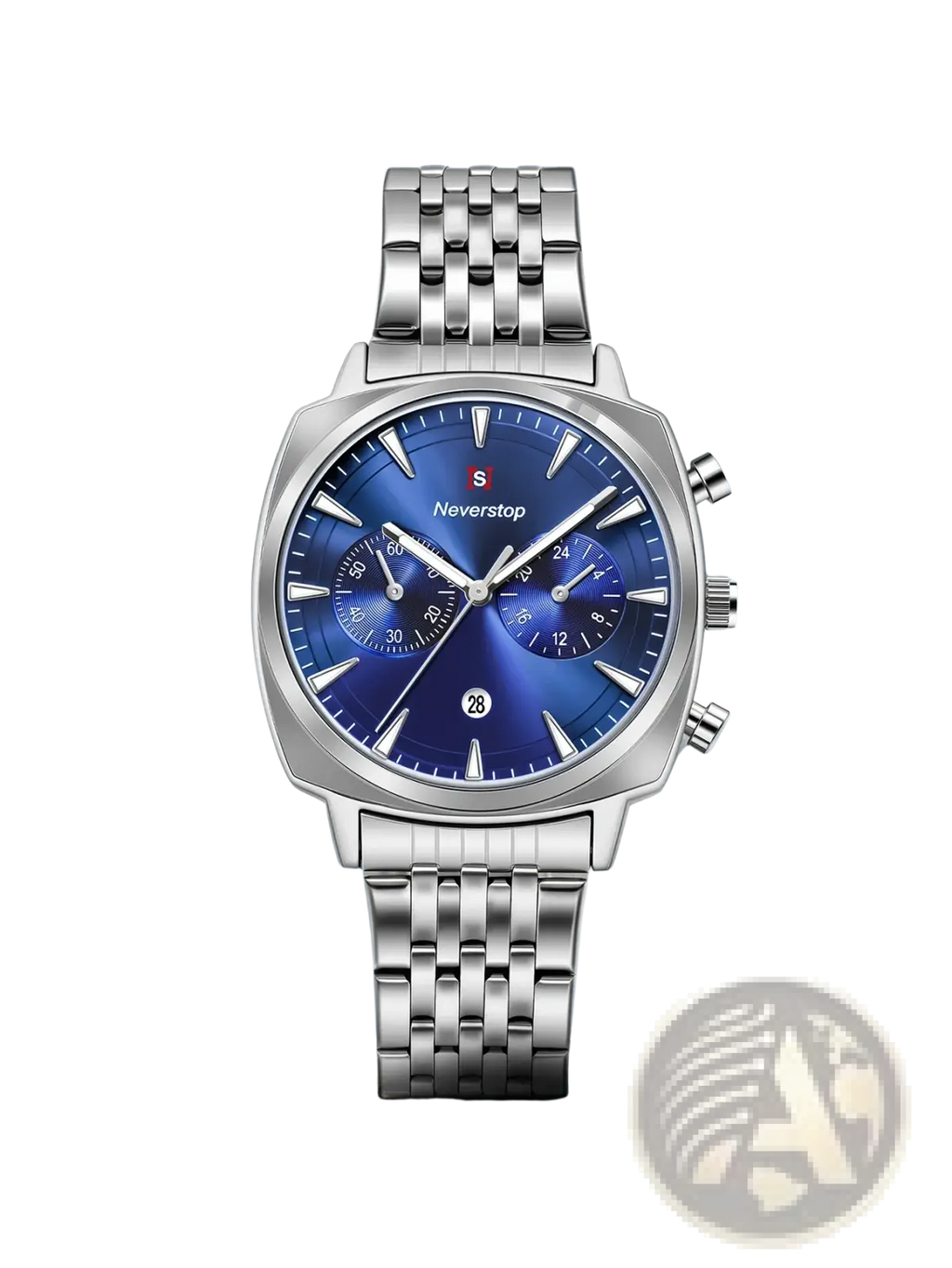 Men’s stainless steel chronograph watch with vibrant blue dial featuring three sub-dials and neverstop logo