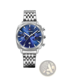 Men’s stainless steel chronograph watch with vibrant blue dial featuring three sub-dials and neverstop logo