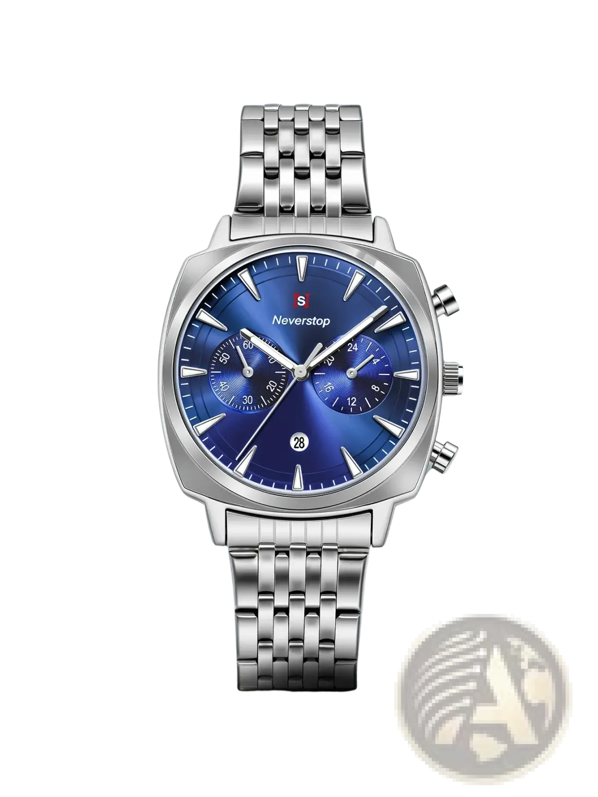 Men’s stainless steel chronograph watch with vibrant blue dial featuring three sub-dials and neverstop logo