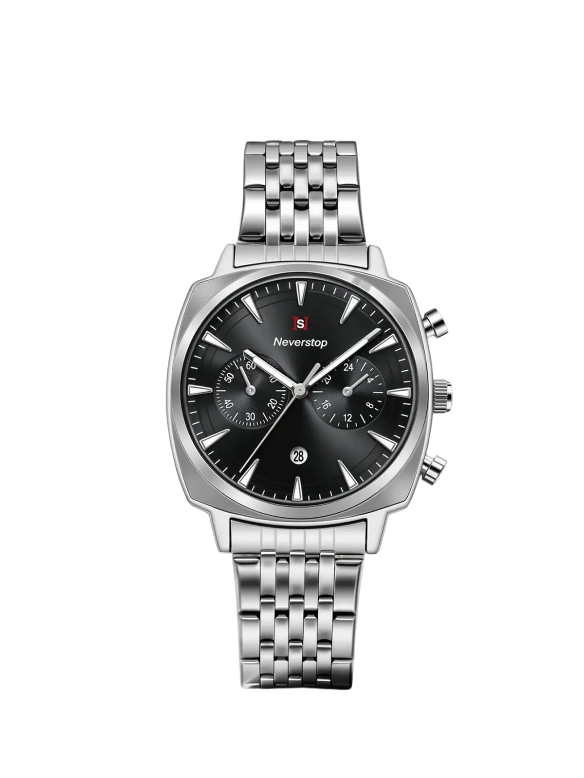 Men’s stainless steel chronograph watch with silver case black dial white markers hands three subdials and date display