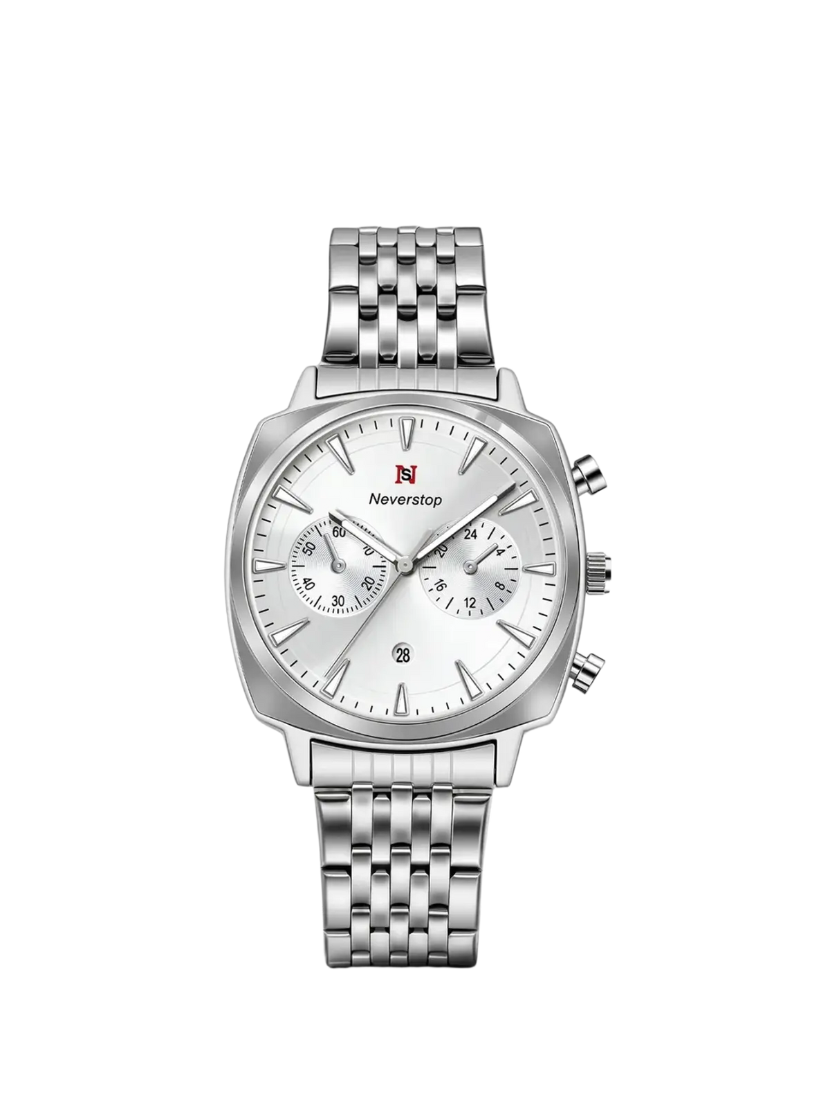Men’s stainless steel chronograph watch with a silver case white dial three sub-dials and neverstop brand logo