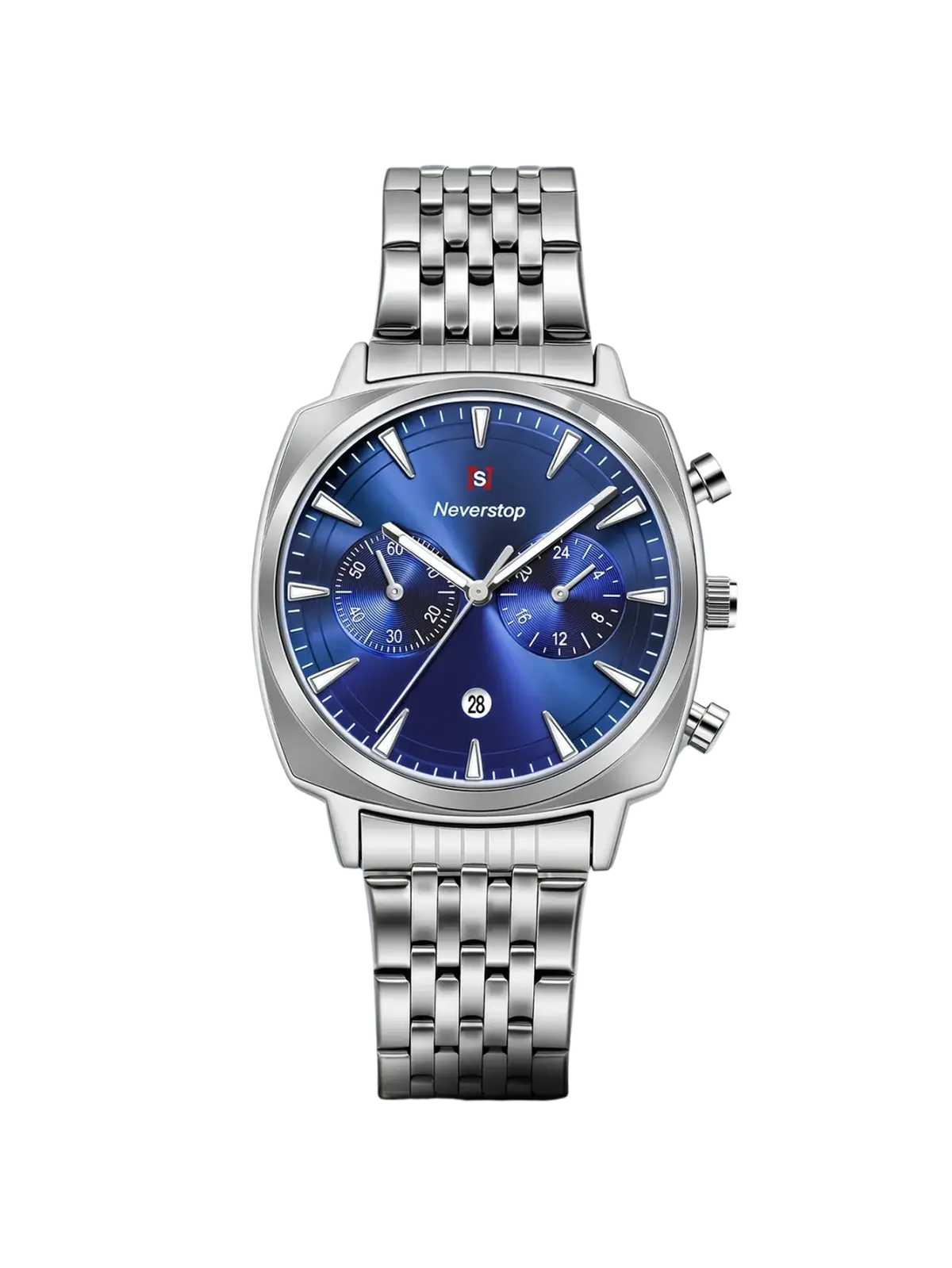 Men’s stainless steel chronograph watch with vibrant blue dial featuring three sub-dials and neverstop logo