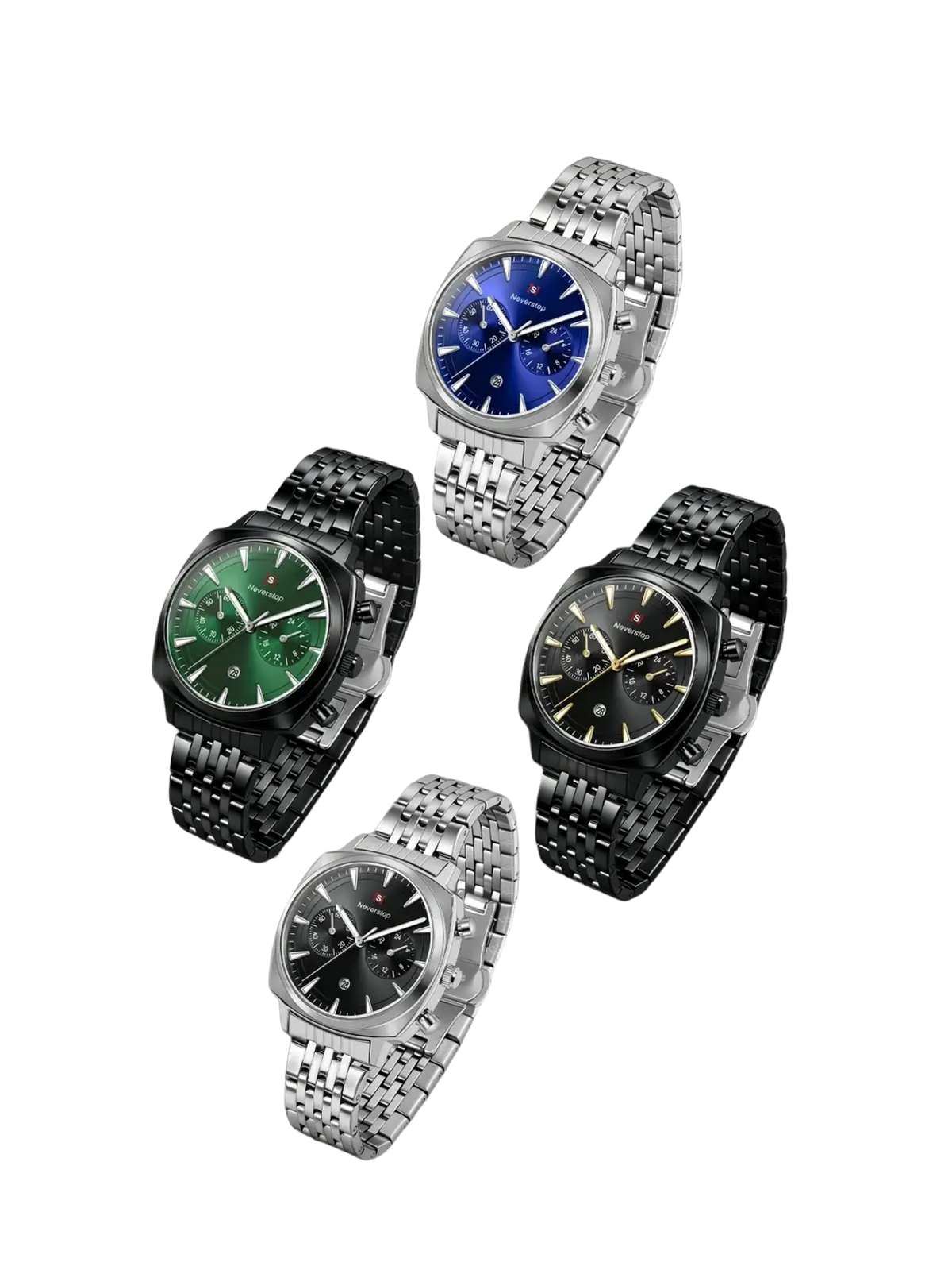 Men’s stainless steel chronograph watches in silver and black with blue green or black dials