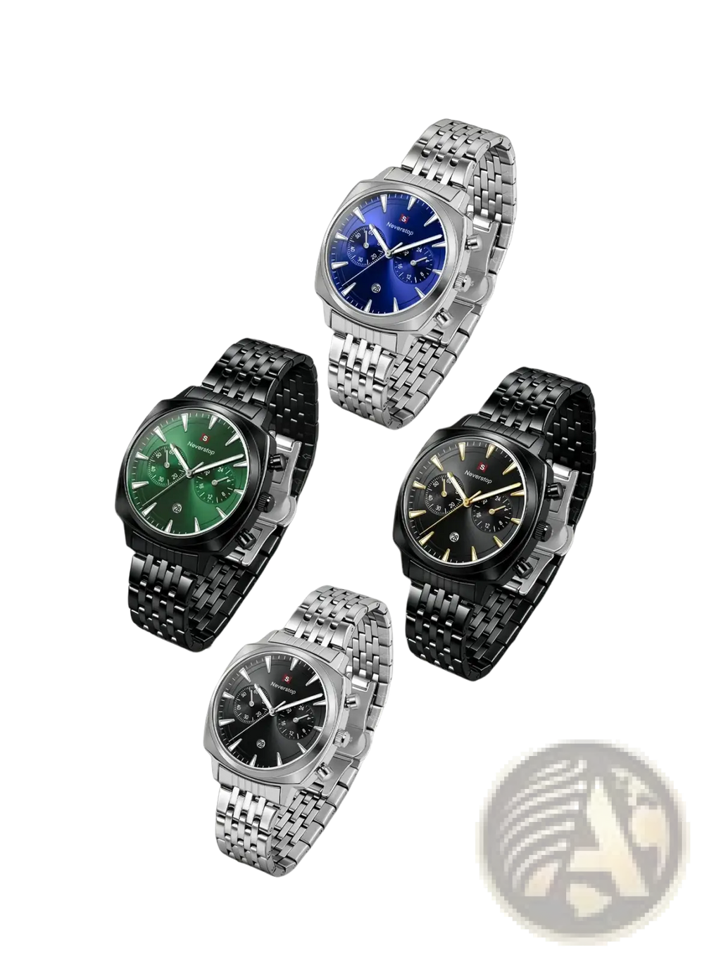 Men’s stainless steel chronograph watches in silver and black with blue green or black dials