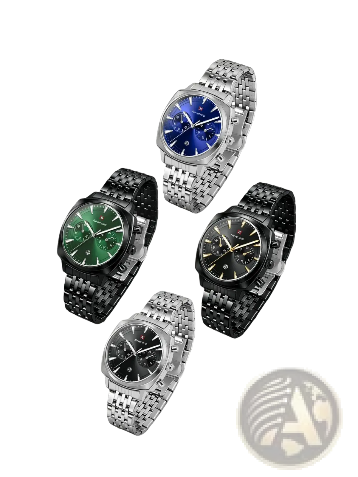 Men’s stainless steel chronograph watches in silver and black with blue green or black dials
