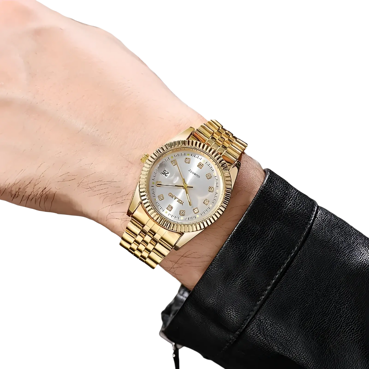 Men’s stainless steel quartz wristwatch with gold-tone case silver dial diamond-like markers and fluted bezel worn on wrist