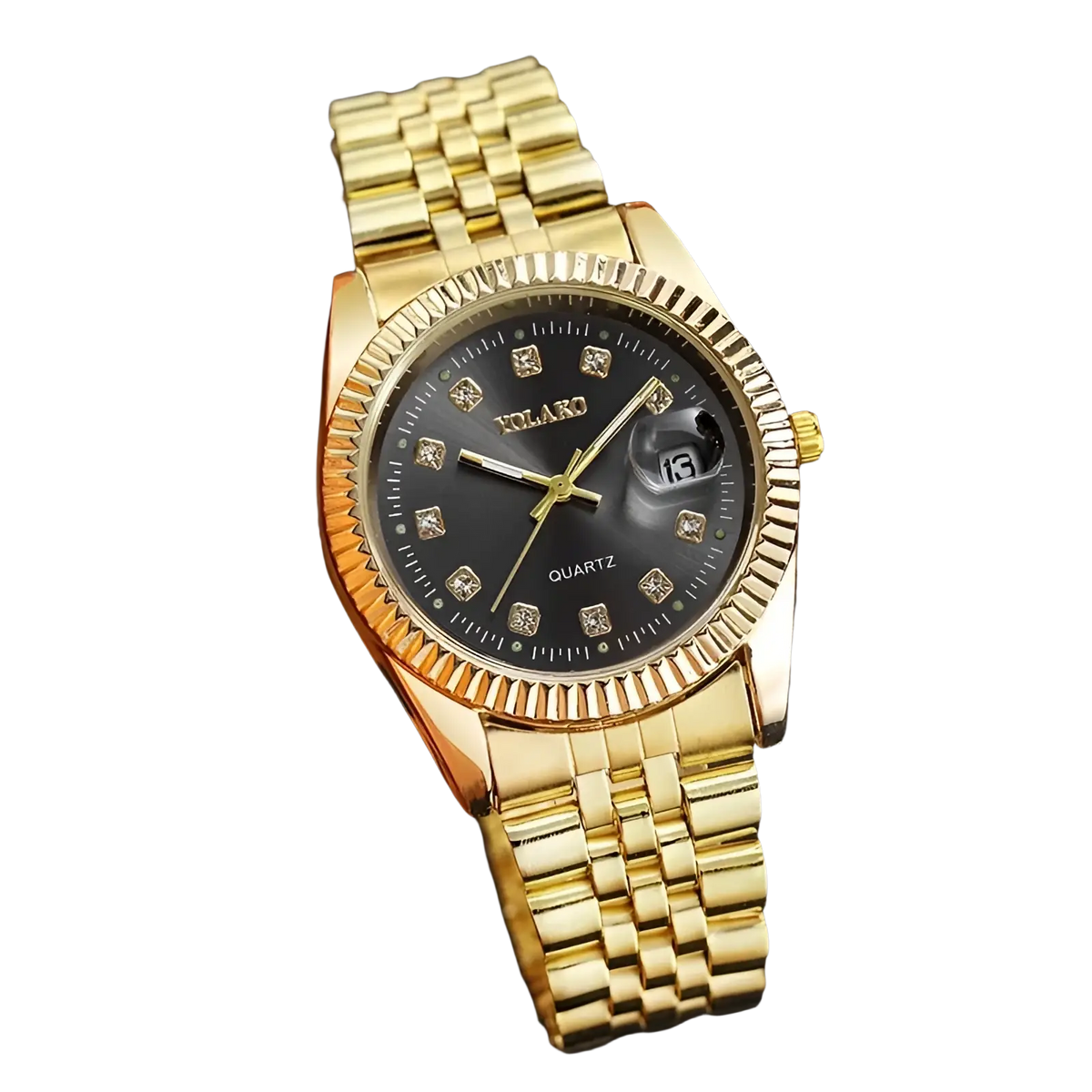 Men’s stainless steel quartz wristwatch with gold-tone case black dial diamond-like hour markers and date window at 3 o’clock