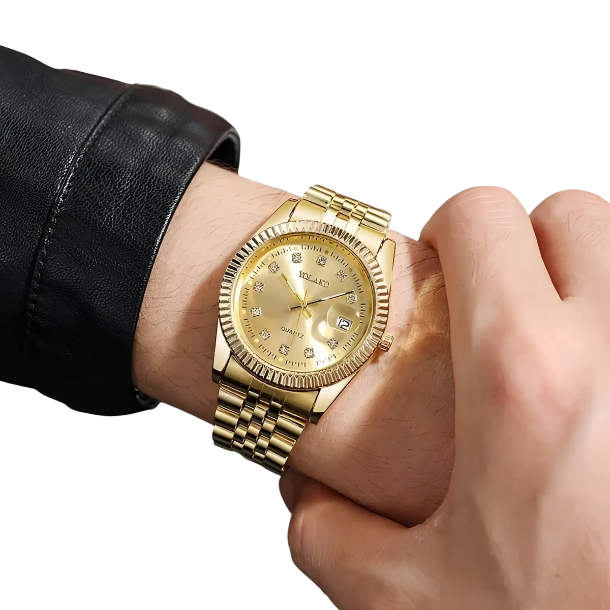 Men’s stainless steel quartz wristwatch with gold-tone finish and diamond-studded bezel and dial with link bracelet
