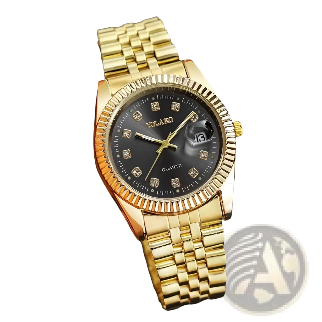Men’s stainless steel quartz wristwatch with gold-tone case black dial diamond-like hour markers and date window at 3 o’clock