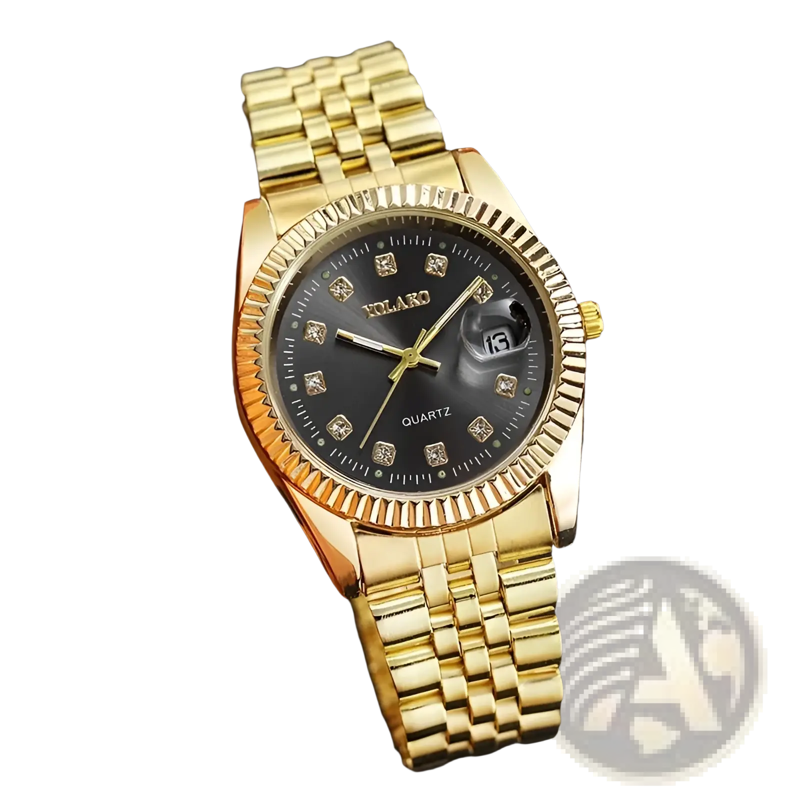 Men’s stainless steel quartz wristwatch with gold-tone case black dial diamond-like hour markers and date window at 3 o’clock