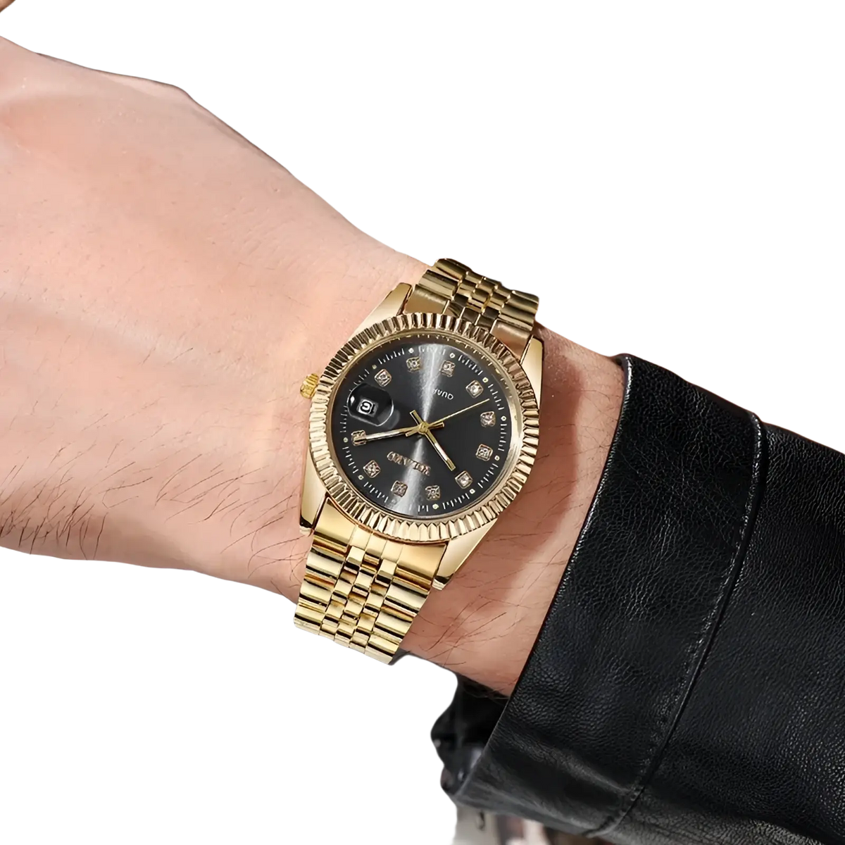 Men’s stainless steel quartz wristwatch with gold-toned case, black dial, diamond hour markers, and fluted bezel