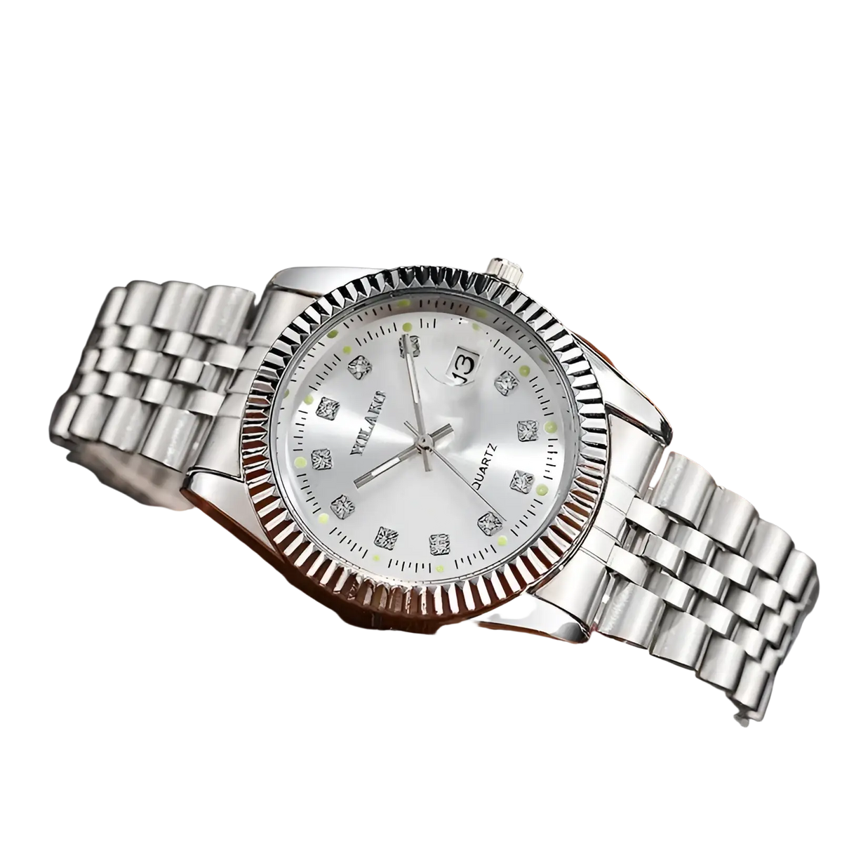 Men’s stainless steel quartz wristwatch with silver-toned bracelet, white dial diamond hour markers, and date window