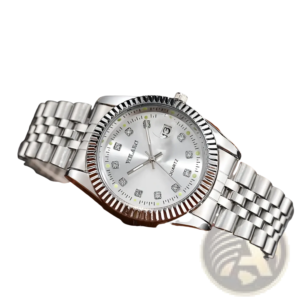 Men’s stainless steel quartz wristwatch with silver-toned bracelet, white dial diamond hour markers, and date window