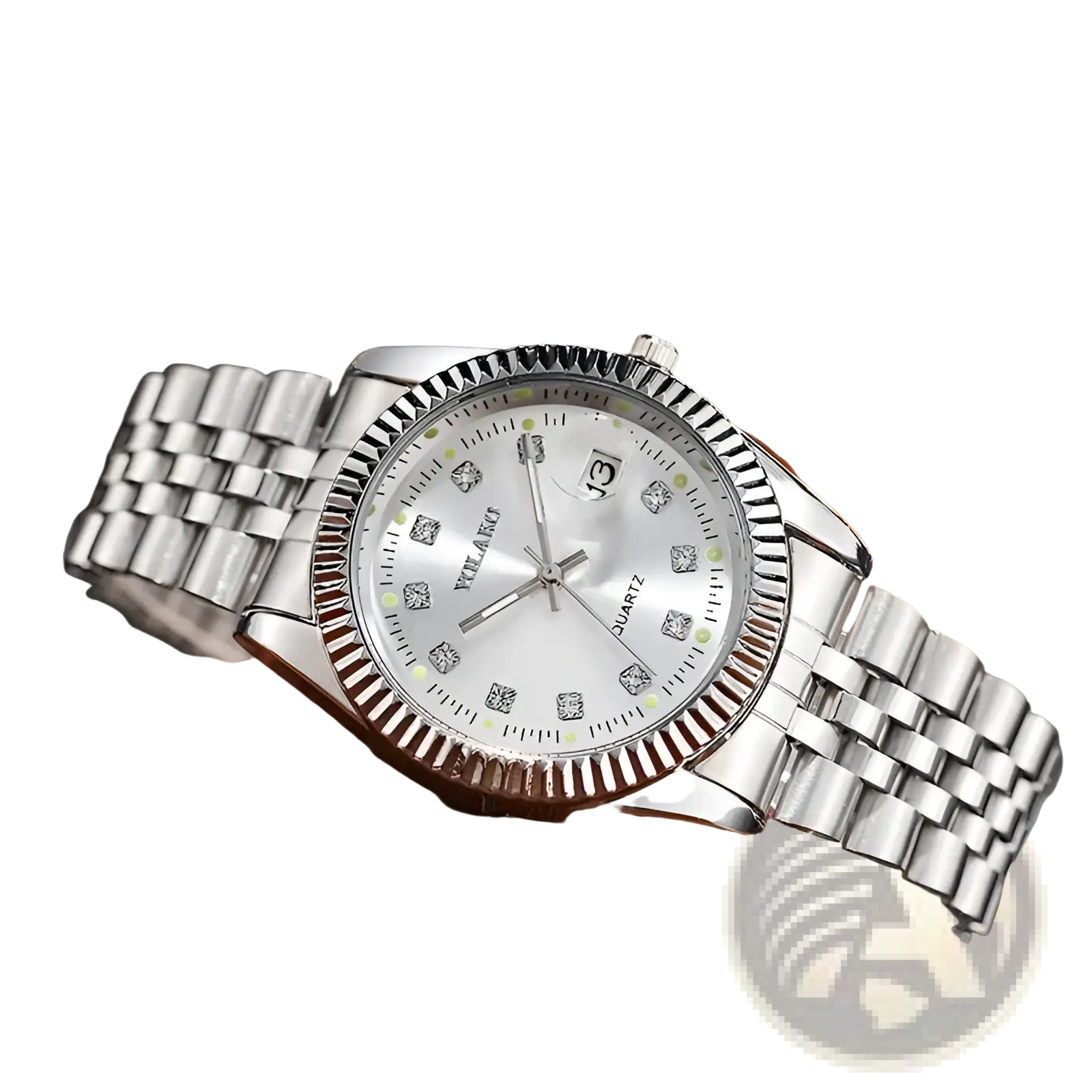 Men’s stainless steel quartz wristwatch with silver-toned bracelet, white dial diamond hour markers, and date window