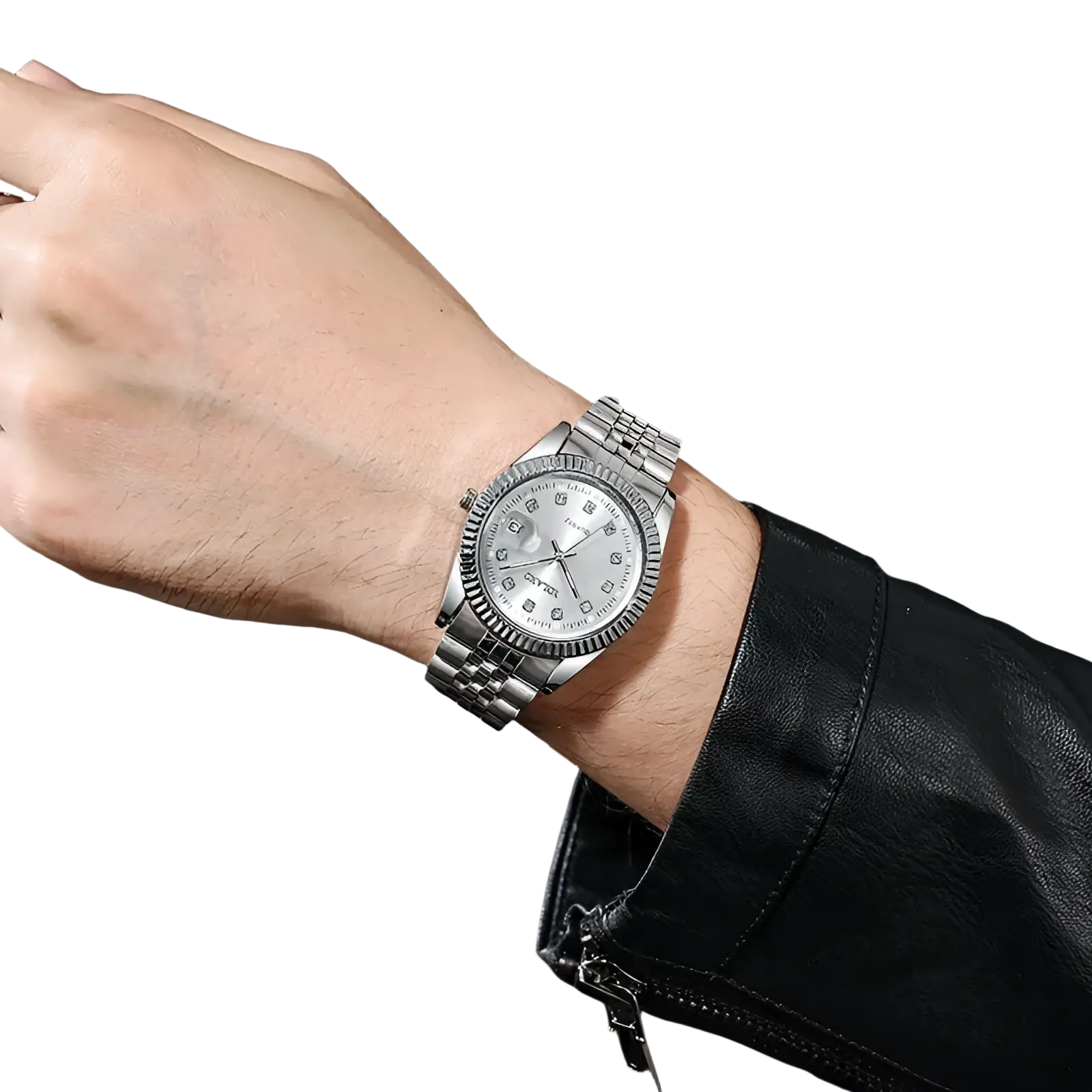 Men’s stainless steel quartz wristwatch in silver tone with diamond-studded bezel and classic dial design