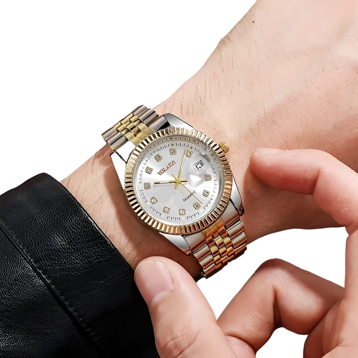 Men’s stainless steel quartz wristwatch with a two-tone design, white dial, gold-toned markers, and fluted bezel