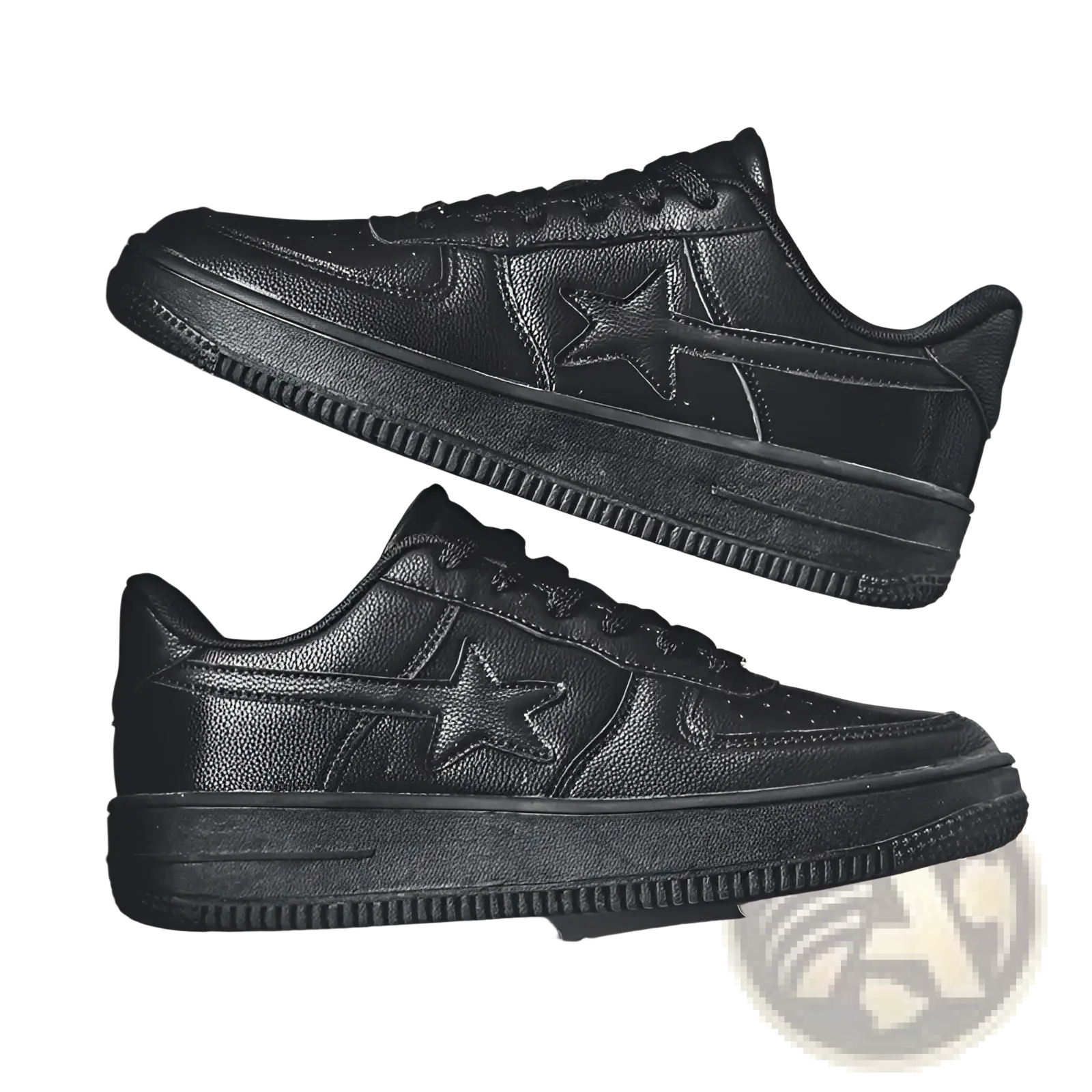 Black leather men’s star emblem sneakers with textured upper and thick rubber sole for casual wear