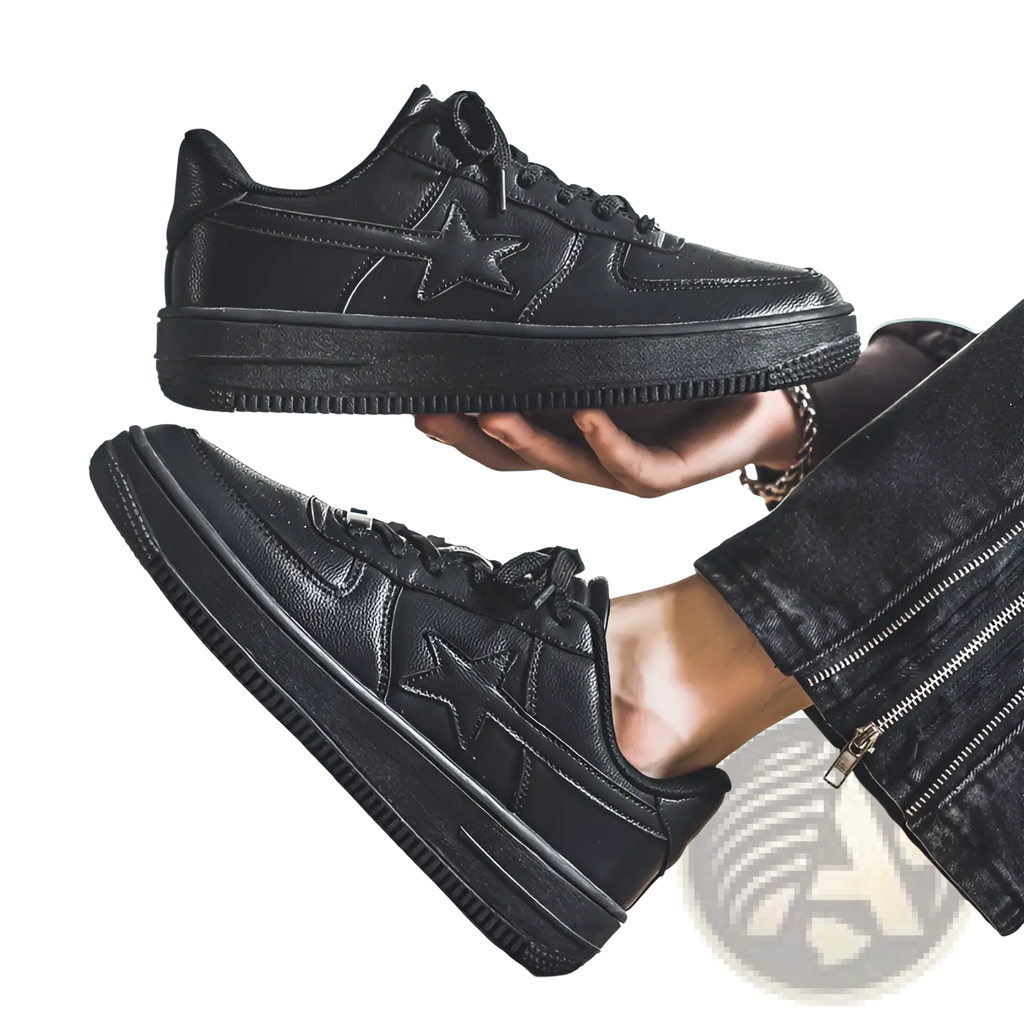 Black leather men’s sneakers with a star emblem on the side and thick sole for casual wear