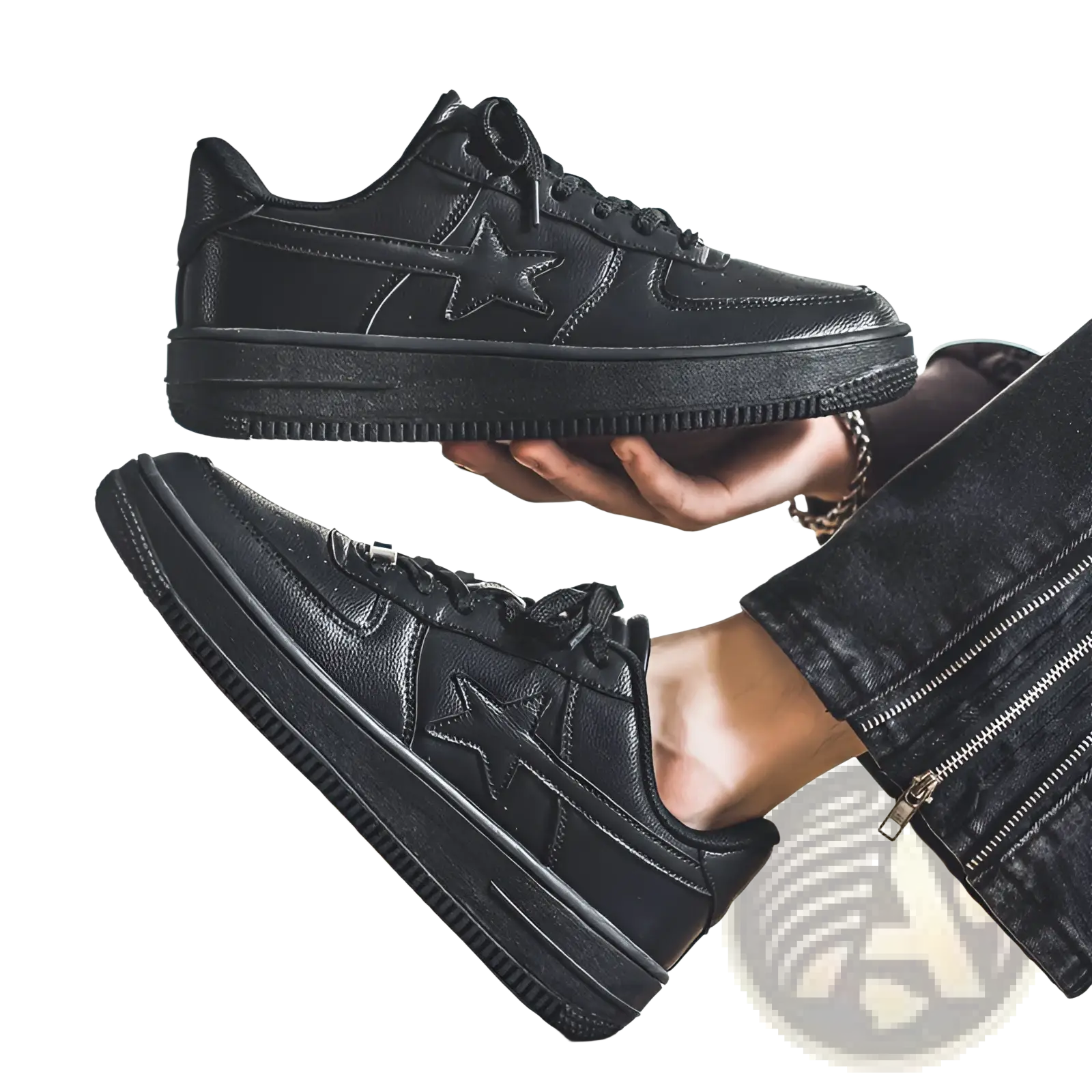 Black leather men’s sneakers with a star emblem on the side and thick sole for casual wear