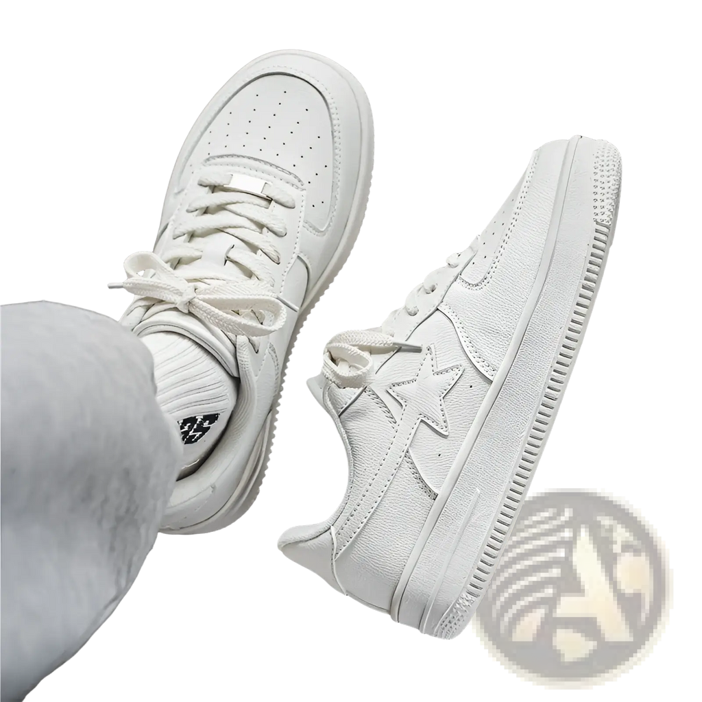 Men’s white leather thick sole sneakers with star emblem and perforated detailing on the side