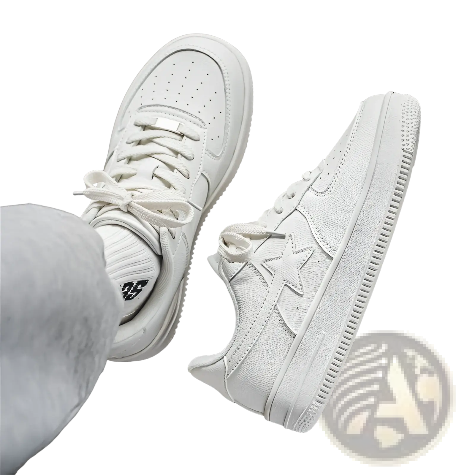 Men’s white leather thick sole sneakers with star emblem and perforated detailing on the side